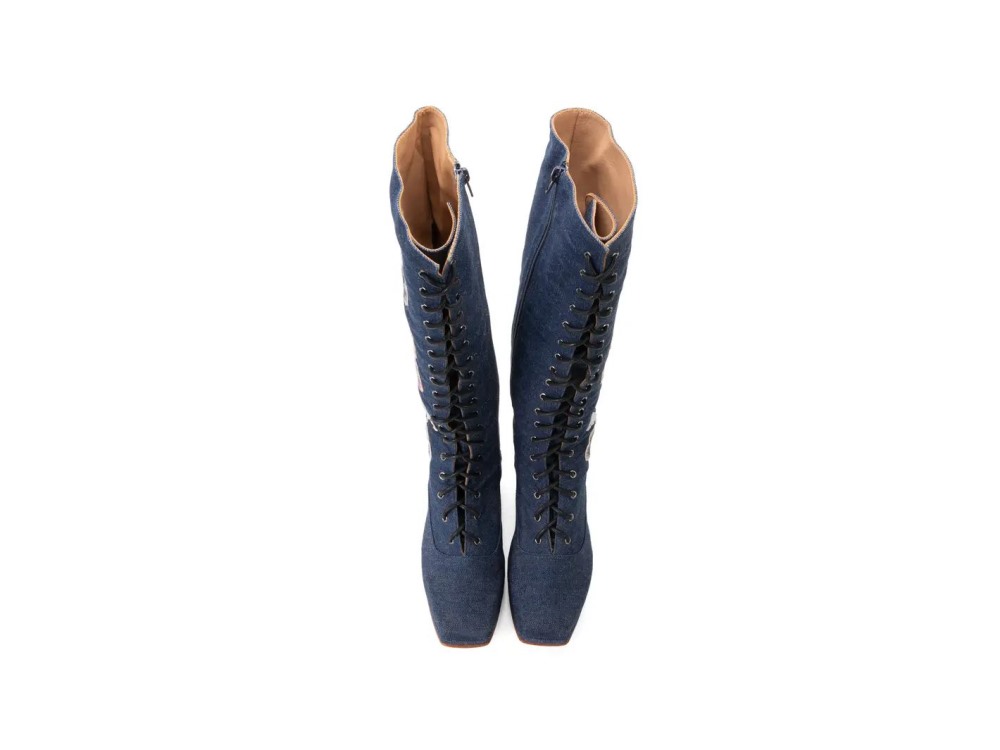 John Fluevog Chrysalis - Blue Denim | Zip-Up Tall Boot with Laces