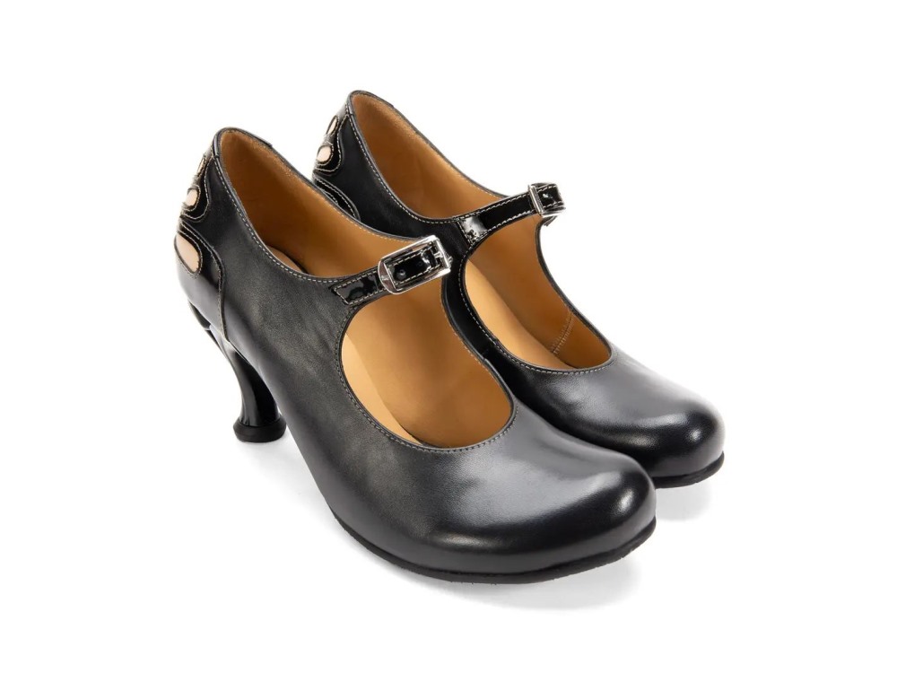 John Fluevog Intergalactic - Black/Beige | Skinny-Strap Mary Jane Heels