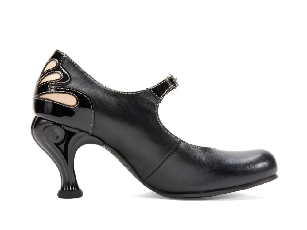John Fluevog Intergalactic - Black/Beige | Skinny-Strap Mary Jane Heels