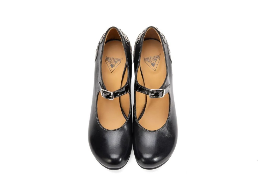 John Fluevog Intergalactic - Black/Beige | Skinny-Strap Mary Jane Heels