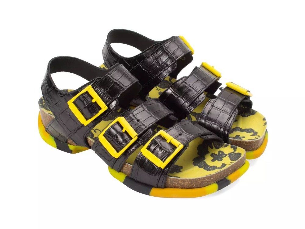 John Fluevog Elsie - Black Yellow | Strappy Buckled Sandals
