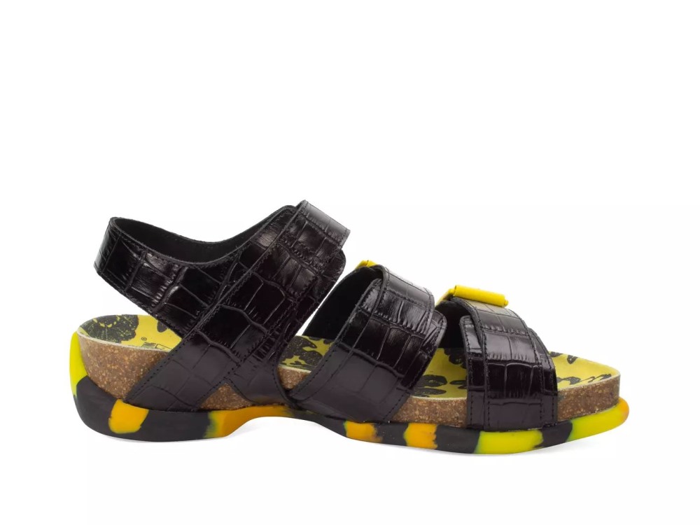 John Fluevog Elsie - Black Yellow | Strappy Buckled Sandals