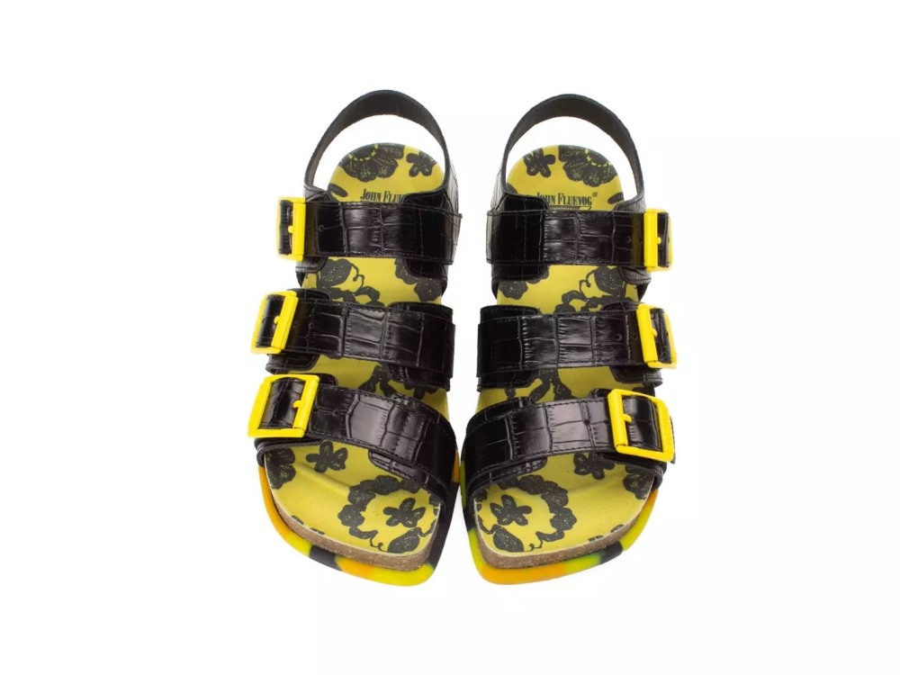 John Fluevog Elsie - Black Yellow | Strappy Buckled Sandals