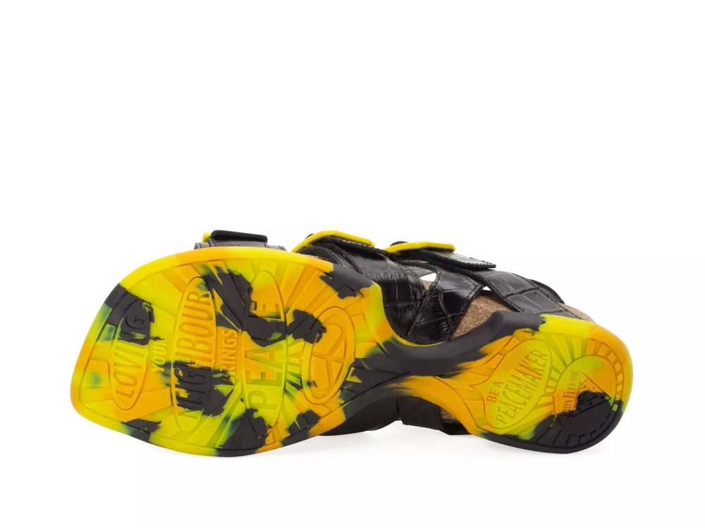 John Fluevog Elsie - Black Yellow | Strappy Buckled Sandals