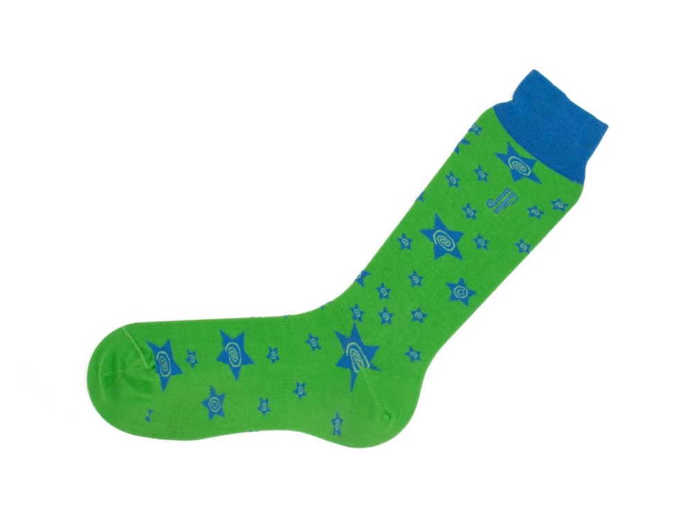 John Fluevog Potato Vog Socks - Green/Blue | Star swirl sock