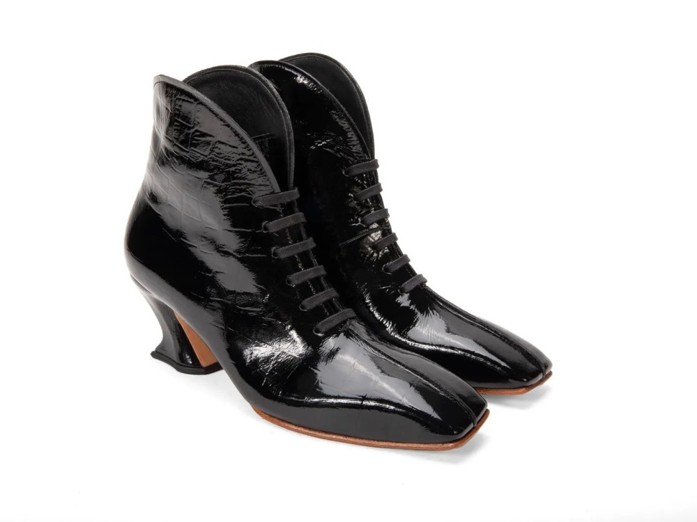 John Fluevog Glory - Patent Black Croc | Lace-Up Ankle Boots
