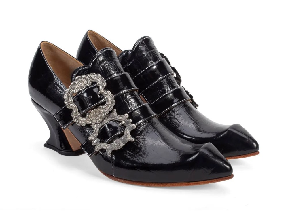John Fluevog Strozzi - Patent Black Croc | Buckled Loafer Heels
