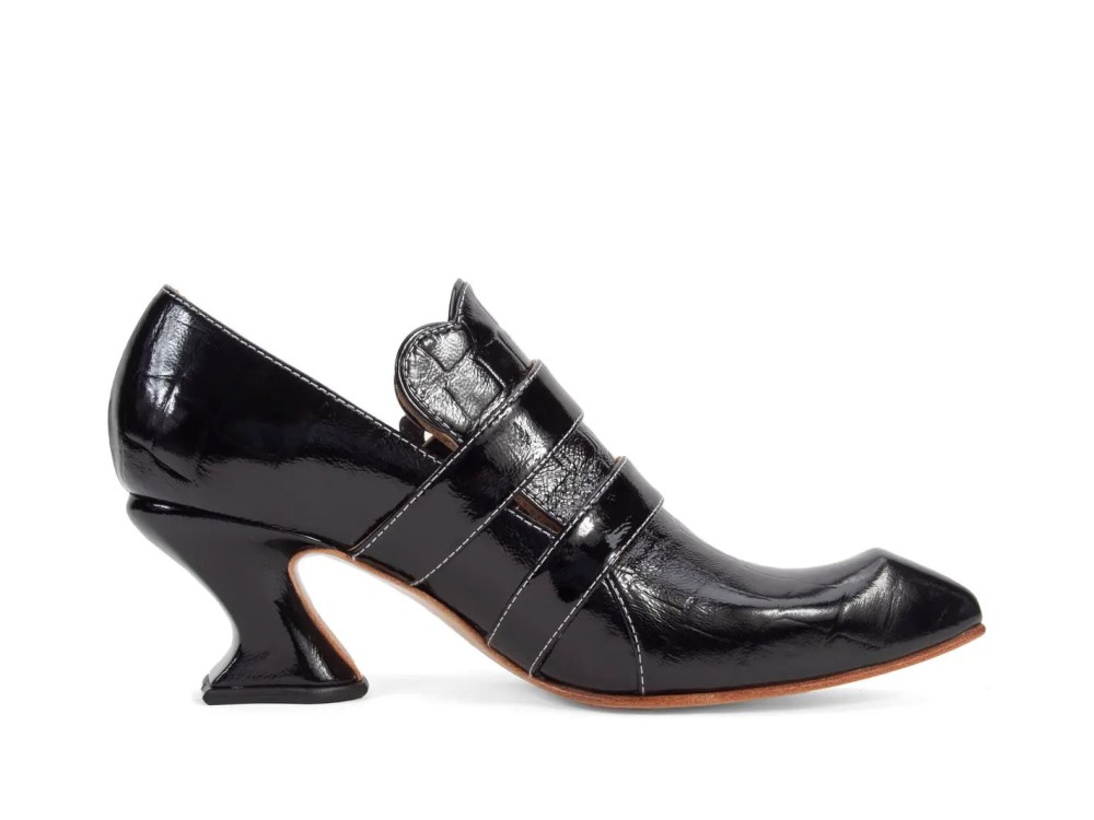John Fluevog Strozzi - Patent Black Croc | Buckled Loafer Heels