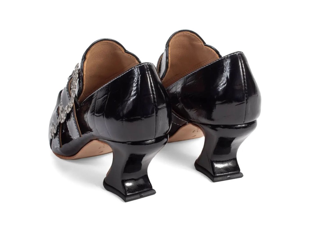 John Fluevog Strozzi - Patent Black Croc | Buckled Loafer Heels