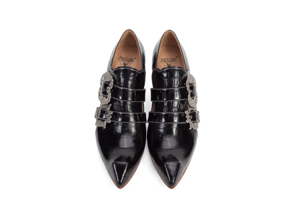 John Fluevog Strozzi - Patent Black Croc | Buckled Loafer Heels