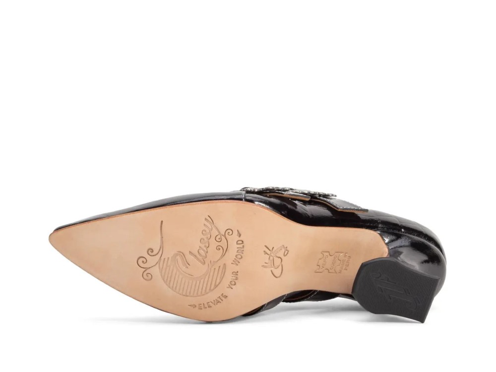John Fluevog Strozzi - Patent Black Croc | Buckled Loafer Heels