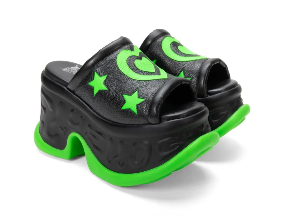 John Fluevog Coreena - Black/Green | Platform Slide Sandals