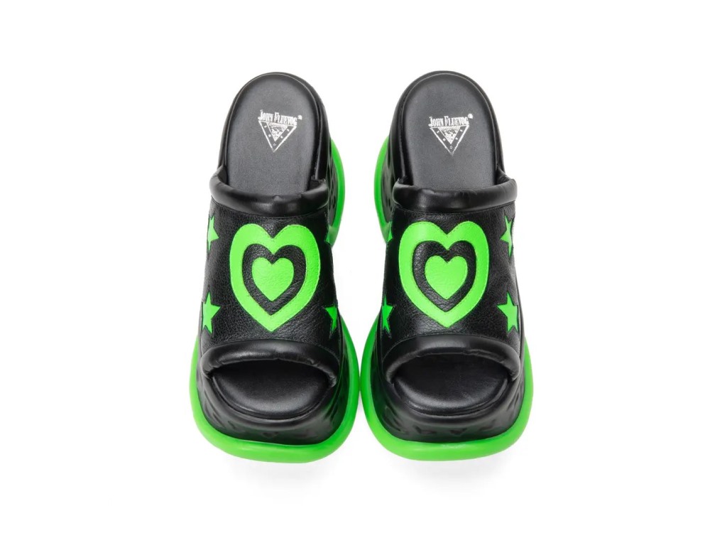John Fluevog Coreena - Black/Green | Platform Slide Sandals