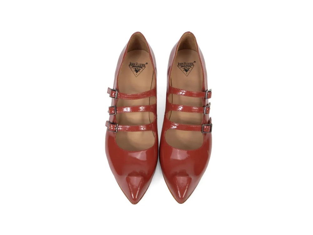 John Fluevog Bach - Reddish Brown | Triple-Strap Mary Jane Heels