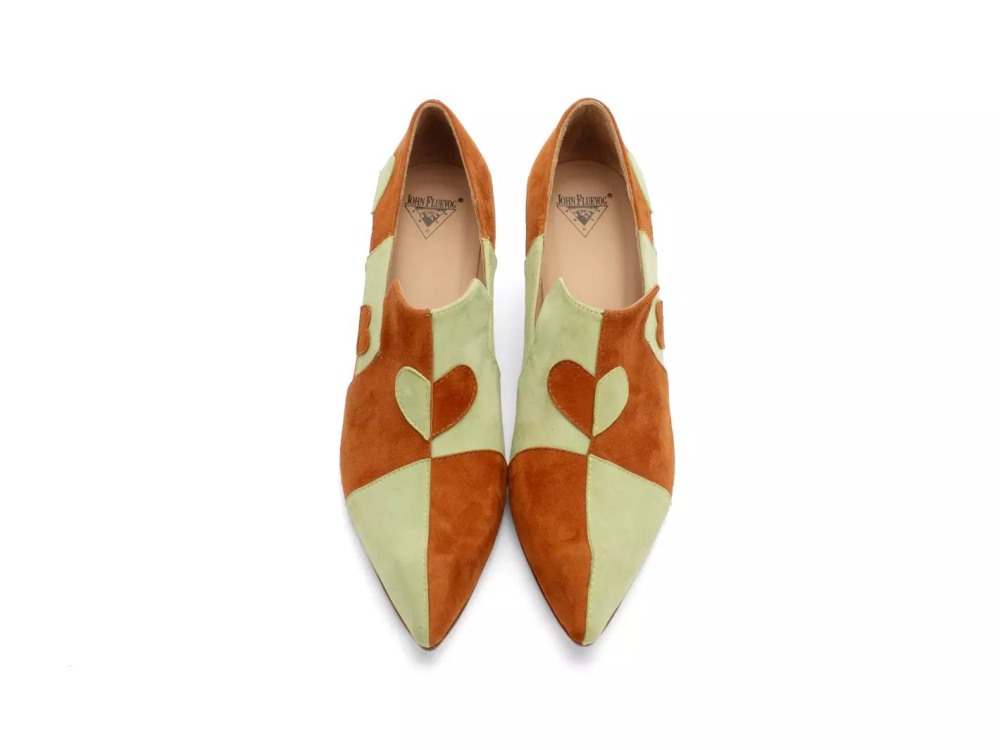 John Fluevog Kaija - Caramel/Light Green | Loafer Heels with Hearts