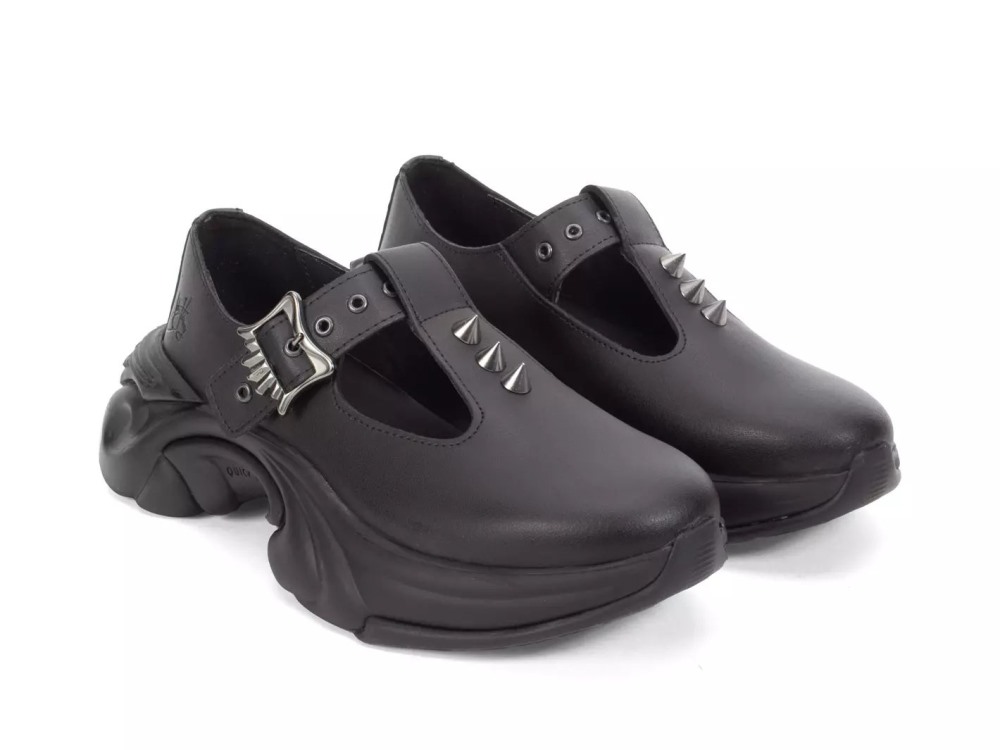 John Fluevog Sparky - Black | Spiked T-Strap Sneakers