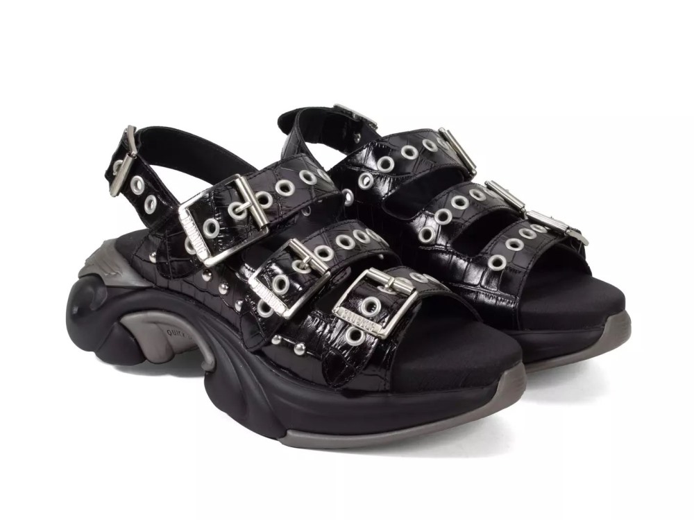 John Fluevog Rebel - Black/Silver | Buckled Sandals with Metal Studs