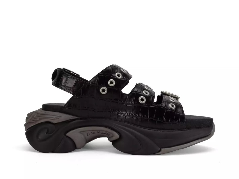 John Fluevog Rebel - Black/Silver | Buckled Sandals with Metal Studs