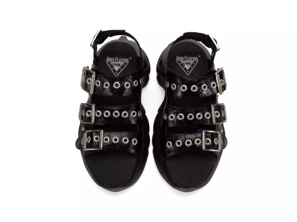 John Fluevog Rebel - Black/Silver | Buckled Sandals with Metal Studs
