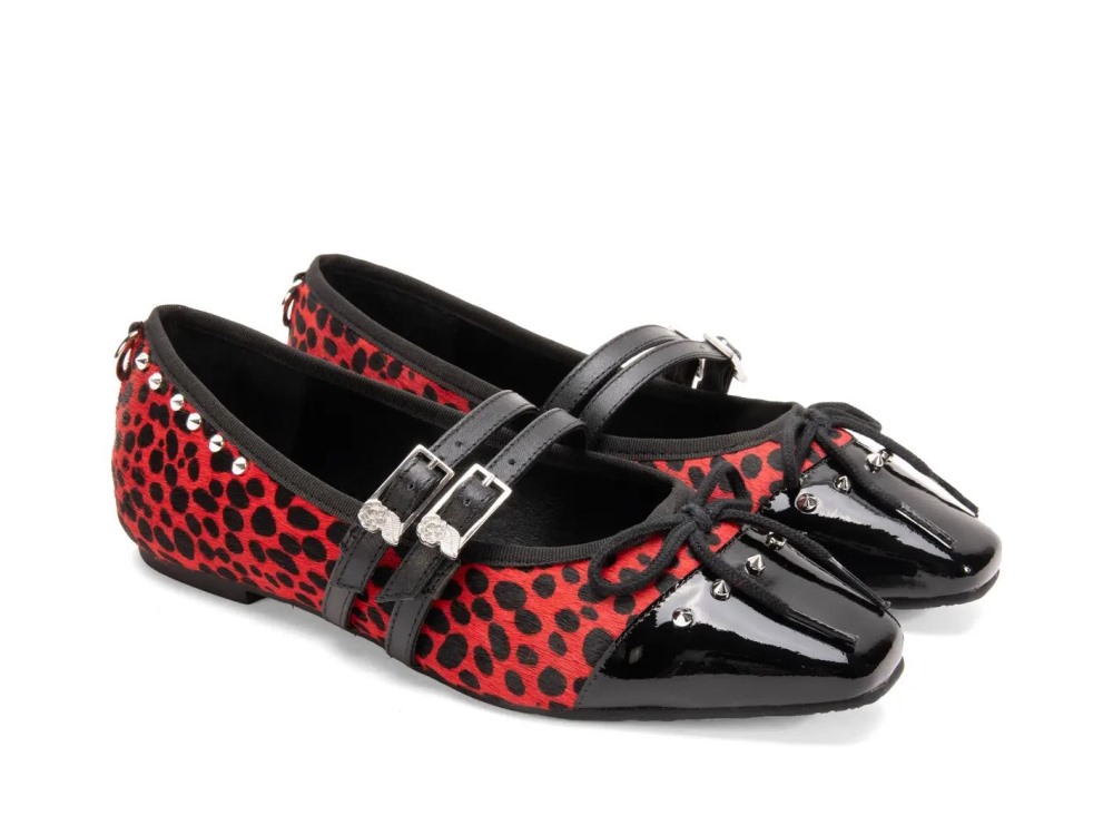 John Fluevog Pina - Red/Black Pony Hair | Double-Strap Flats with Metal Studs