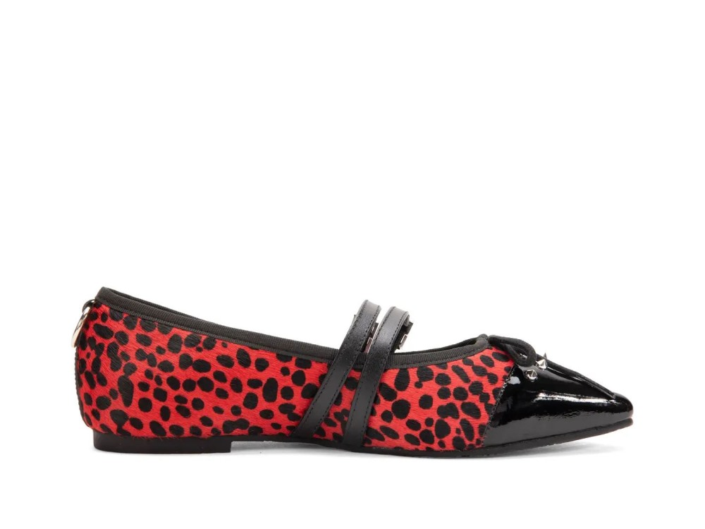 John Fluevog Pina - Red/Black Pony Hair | Double-Strap Flats with Metal Studs