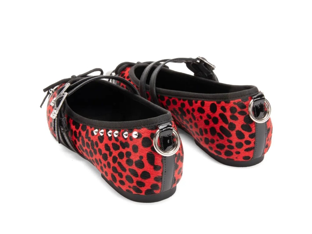 John Fluevog Pina - Red/Black Pony Hair | Double-Strap Flats with Metal Studs