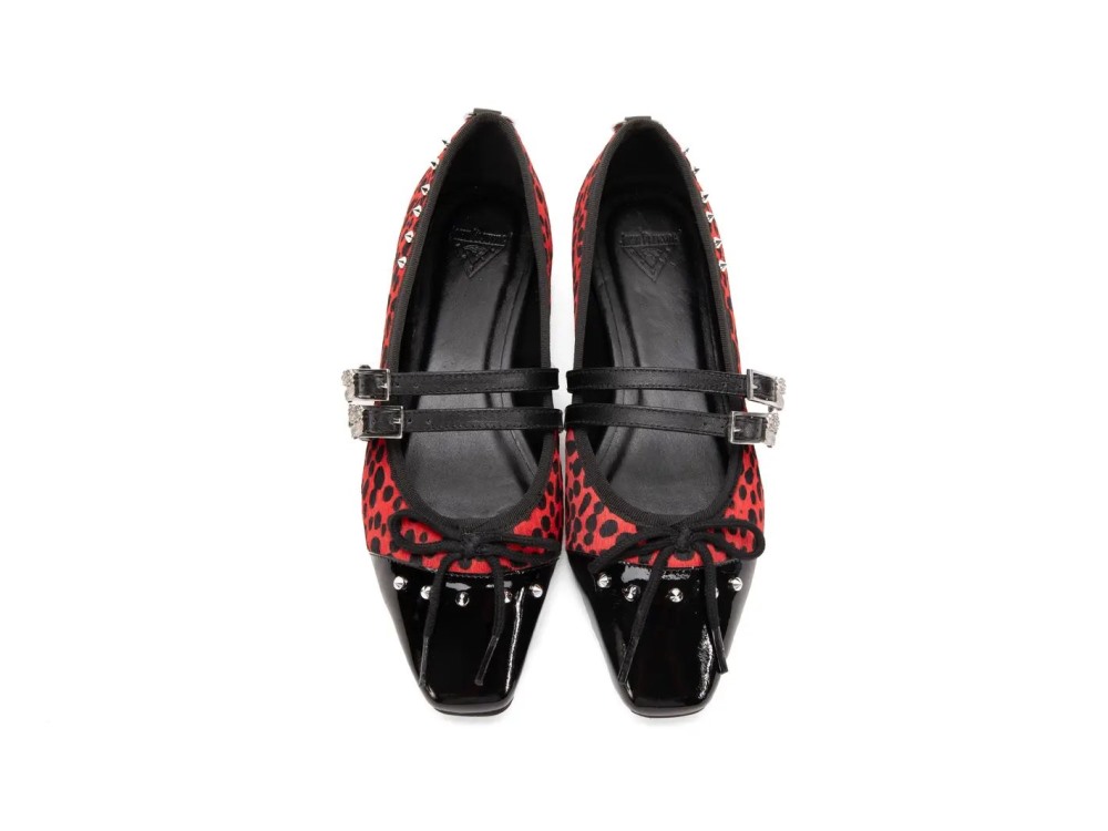 John Fluevog Pina - Red/Black Pony Hair | Double-Strap Flats with Metal Studs