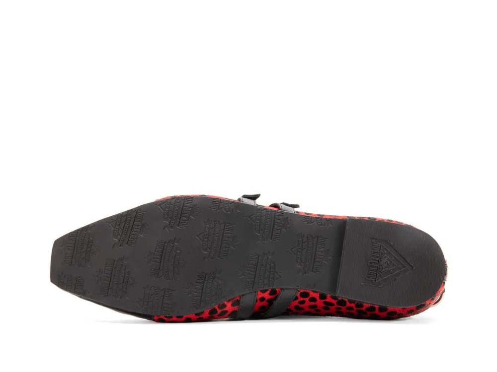 John Fluevog Pina - Red/Black Pony Hair | Double-Strap Flats with Metal Studs