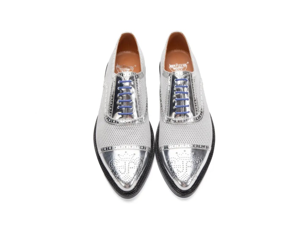 John Fluevog Edda - Silver/Purple | Leather Pointed Toe Brogue Oxfords