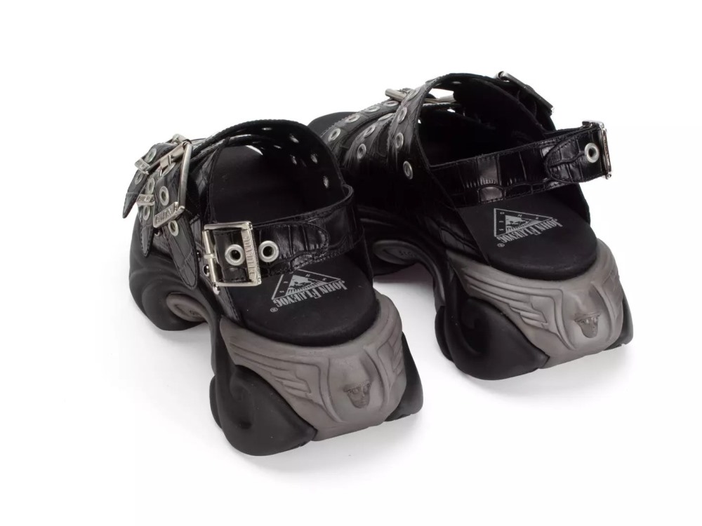 John Fluevog Rebel - Black/Silver | Buckled Sandals with Metal Studs