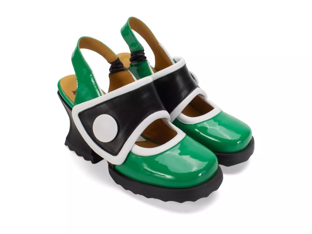 John Fluevog Stanica - Green/Black/White | Wide-Strap Slingback Heels
