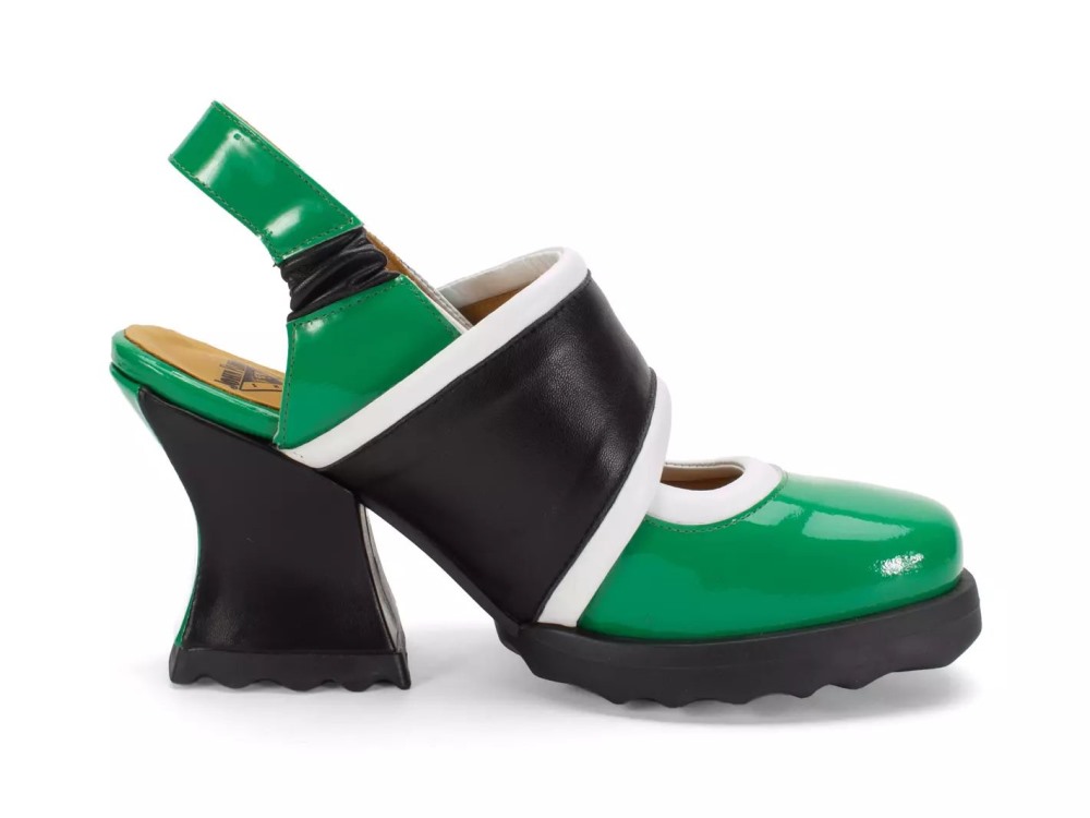 John Fluevog Stanica - Green/Black/White | Wide-Strap Slingback Heels