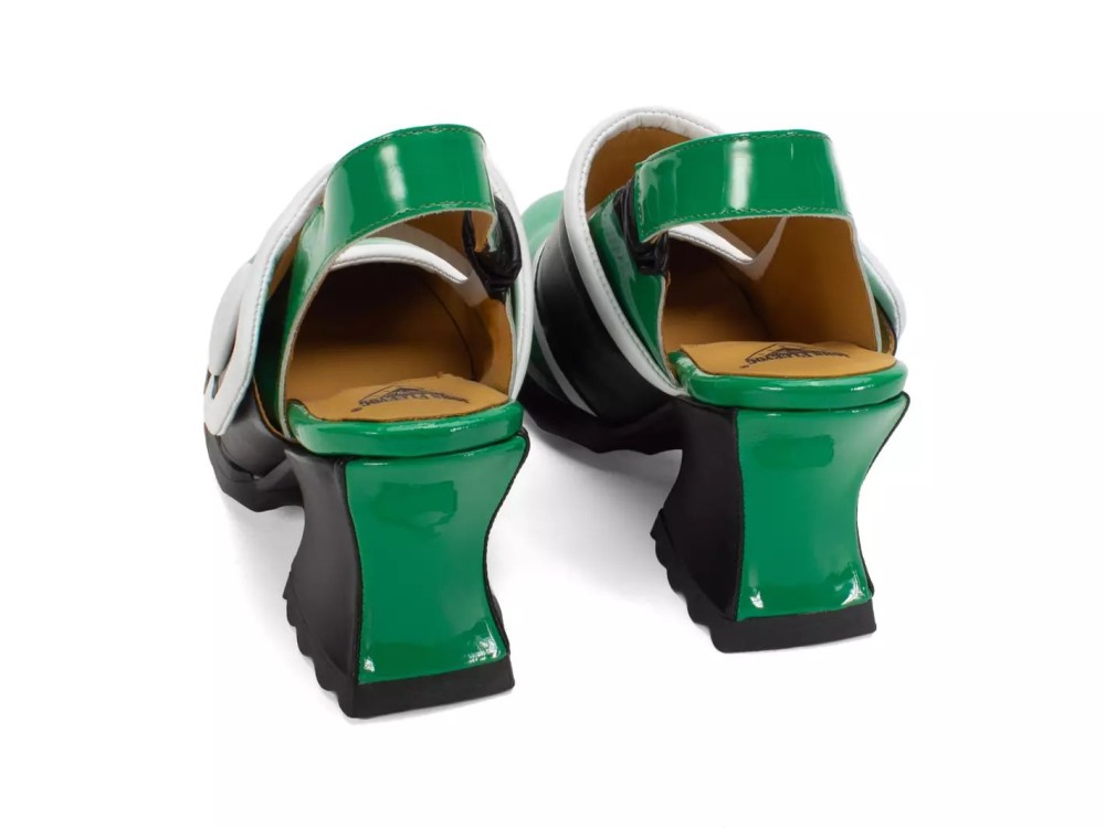 John Fluevog Stanica - Green/Black/White | Wide-Strap Slingback Heels