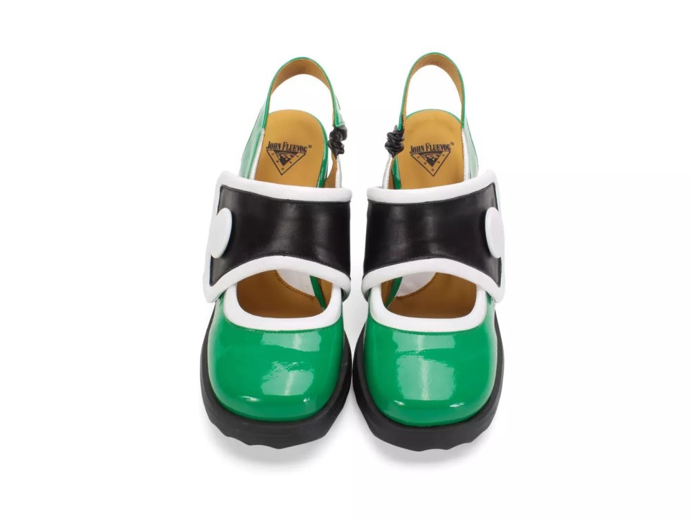 John Fluevog Stanica - Green/Black/White | Wide-Strap Slingback Heels