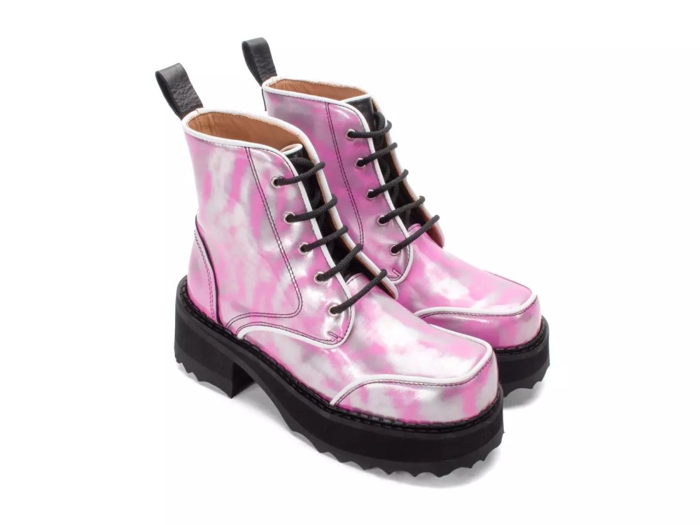 John Fluevog Revna - Metallic Silver/Pink | Lace-Up Platform Boots