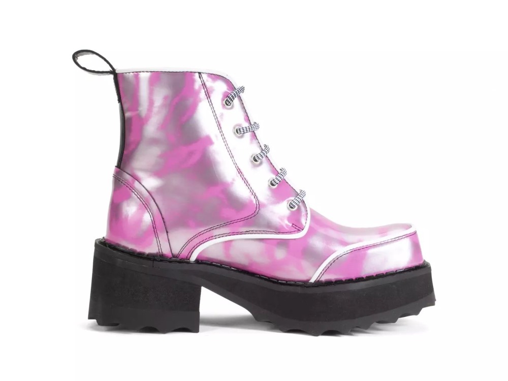 John Fluevog Revna - Metallic Silver/Pink | Lace-Up Platform Boots