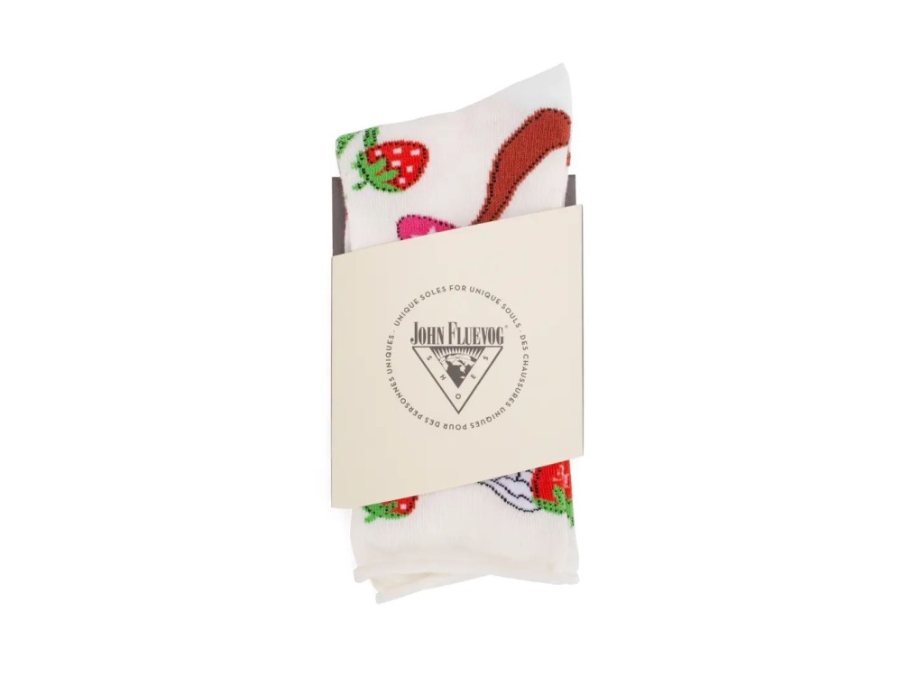 John Fluevog Neko Vog Socks - White/Pink/Red | Strawberry and mushroom sock