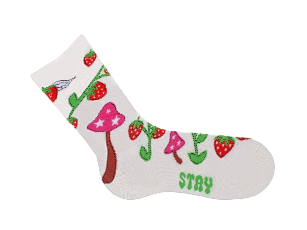John Fluevog Neko Vog Socks - White/Pink/Red | Strawberry and mushroom sock