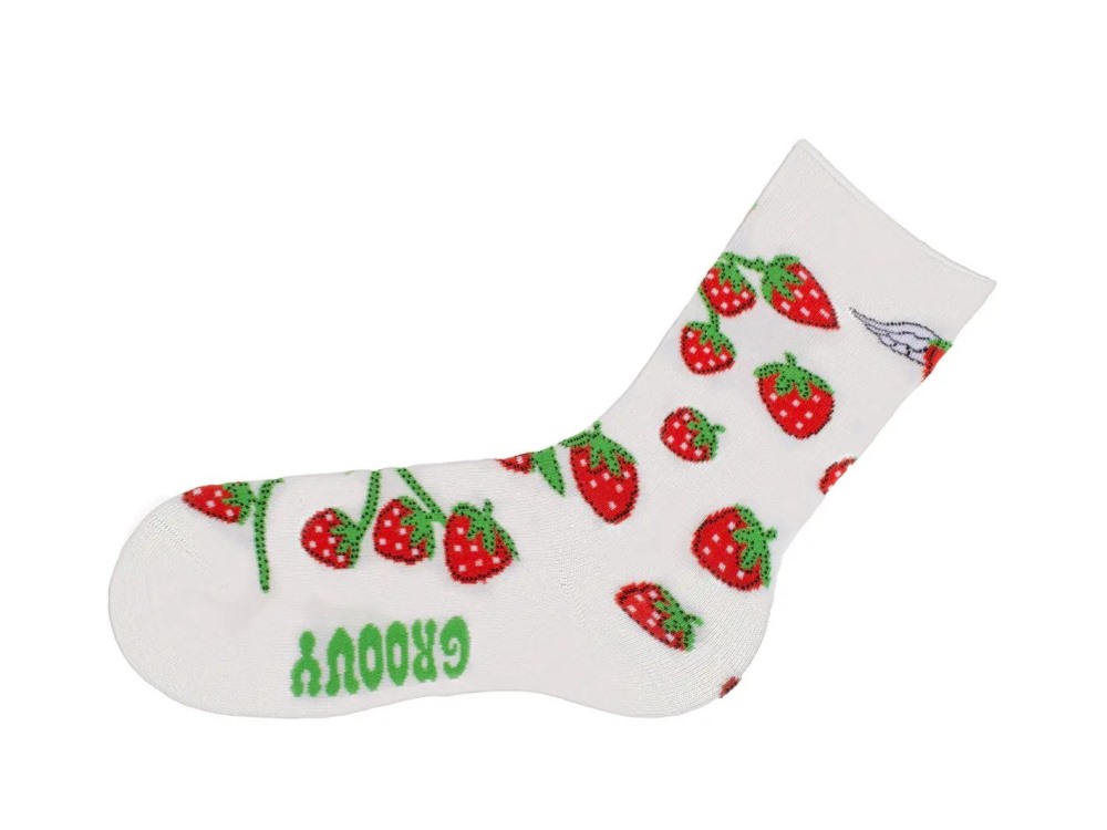 John Fluevog Neko Vog Socks - White/Pink/Red | Strawberry and mushroom sock