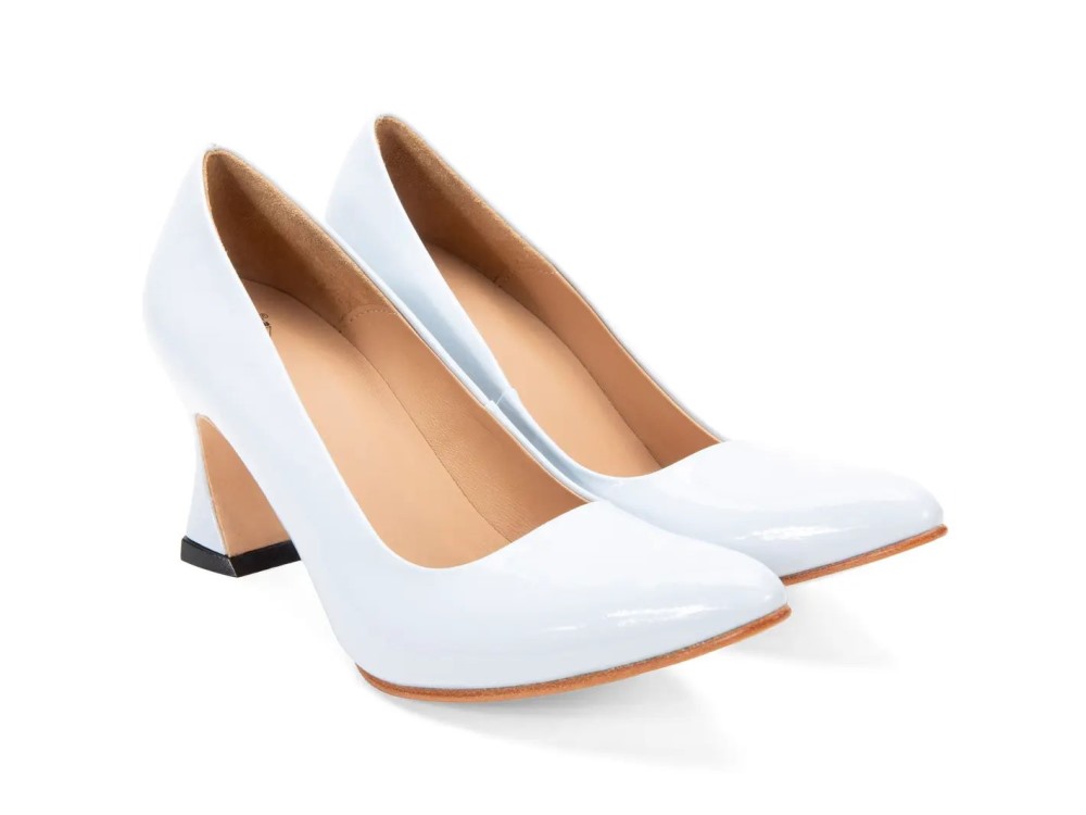 John Fluevog Desmond - Light Blue Patent | Angular Mid Heel Pumps