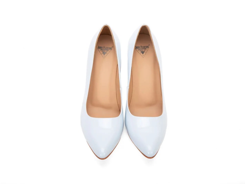 John Fluevog Desmond - Light Blue Patent | Angular Mid Heel Pumps