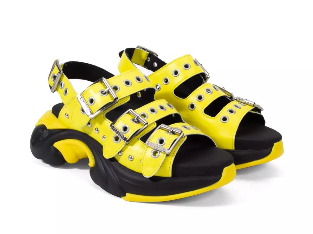 John Fluevog Rebel - Yellow | Buckled Sandals with Metal Studs