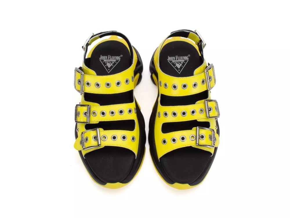 John Fluevog Rebel - Yellow | Buckled Sandals with Metal Studs