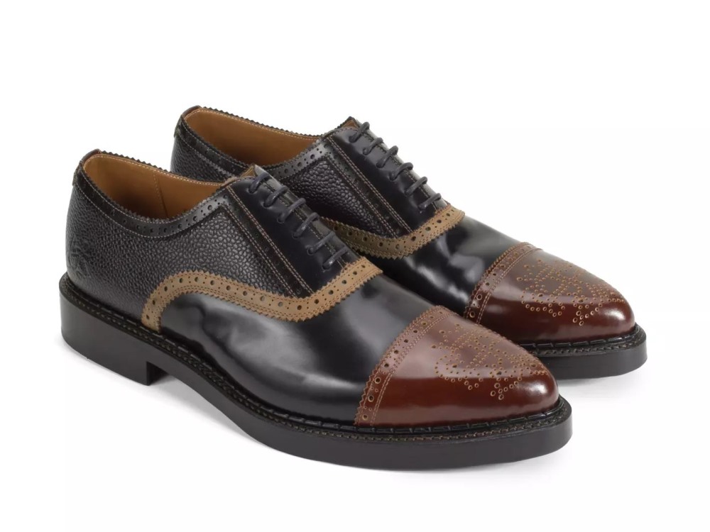 John Fluevog Edda - Black/Brown | Leather Pointed Toe Brogue Oxfords