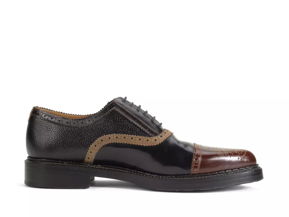 John Fluevog Edda - Black/Brown | Leather Pointed Toe Brogue Oxfords