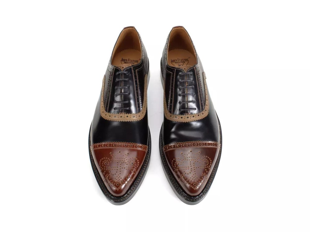 John Fluevog Edda - Black/Brown | Leather Pointed Toe Brogue Oxfords