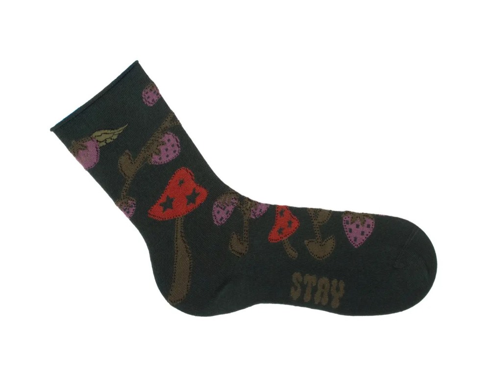 John Fluevog Neko Vog Socks - Green/Multi | Strawberry and mushroom sock