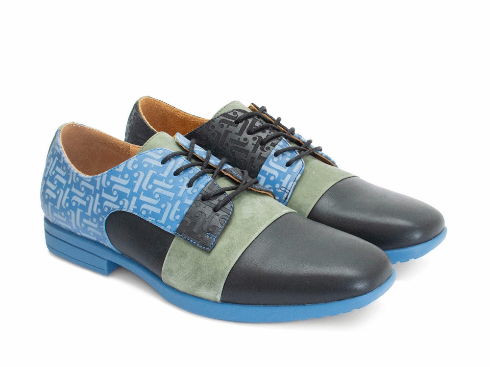 John Fluevog Fuller - Blue/Green/Black | Colourblock Lace-Up Shoes