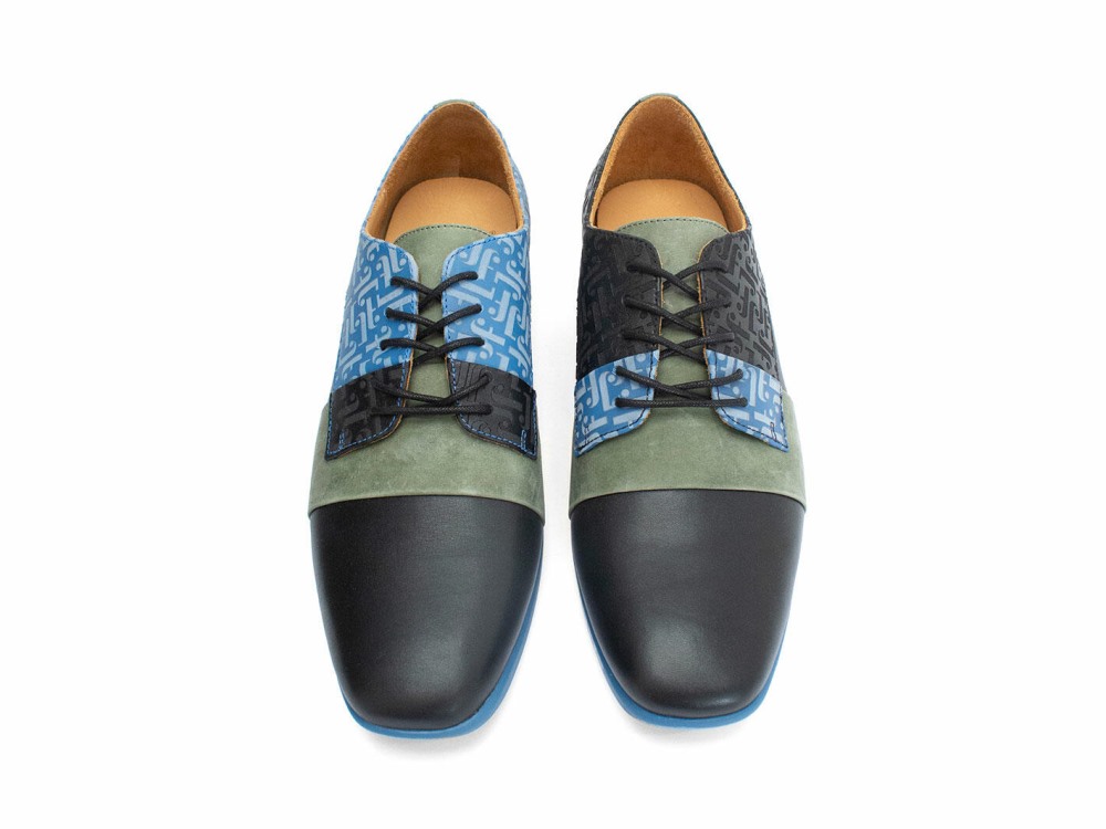 John Fluevog Fuller - Blue/Green/Black | Colourblock Lace-Up Shoes