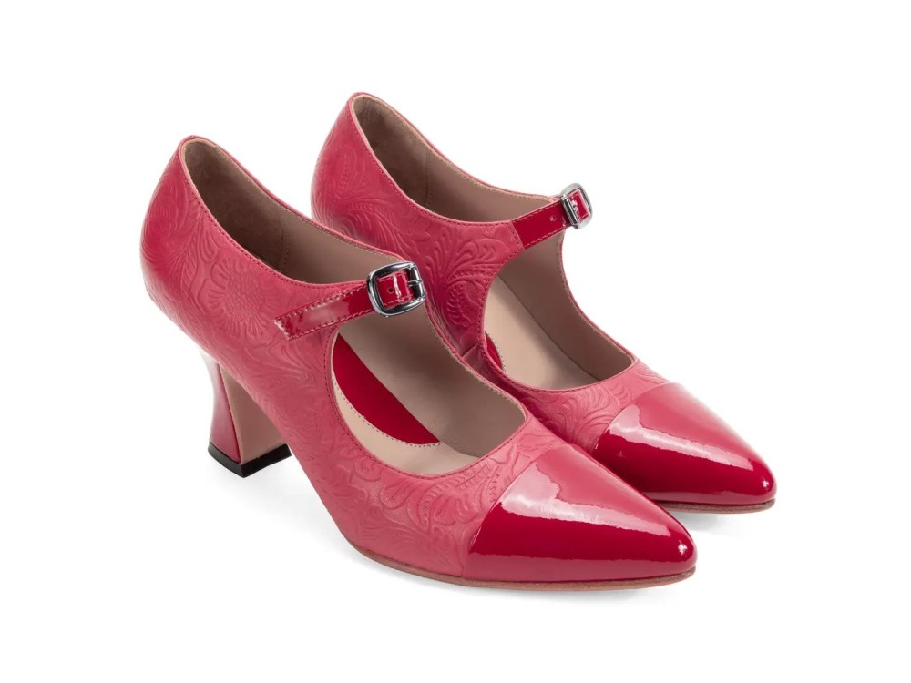 John Fluevog Shiloh - Red Emboss | Elegant Mary Jane Heels